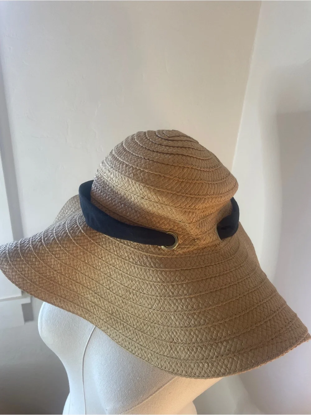 World Market Tan Braided Straw‎ Sun Hat with Black Cloth Band